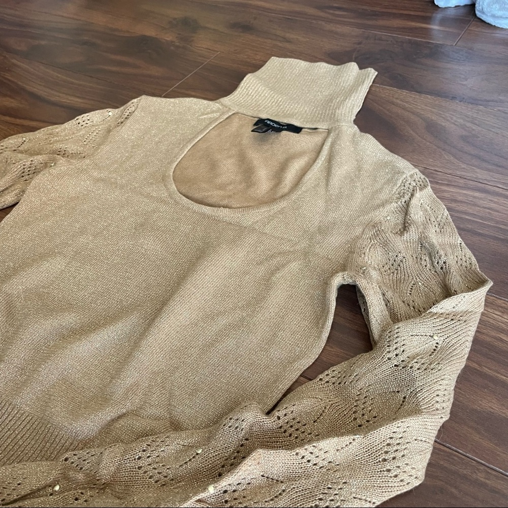 NEW Arden B gold sparkle sweater with rhinestones sleeves turtle neck w/keyhole